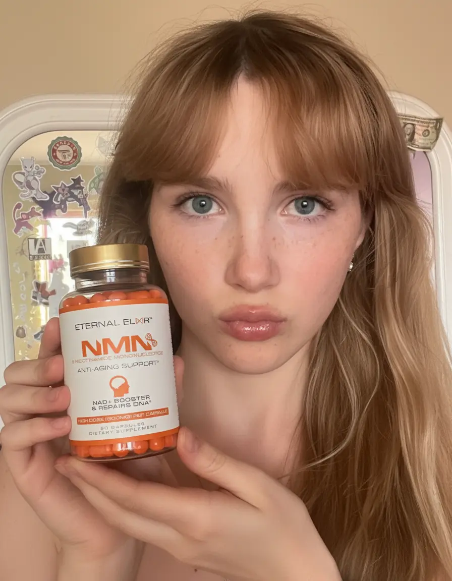 Woman holding a bottle of Eternal Elixir NMN capsules