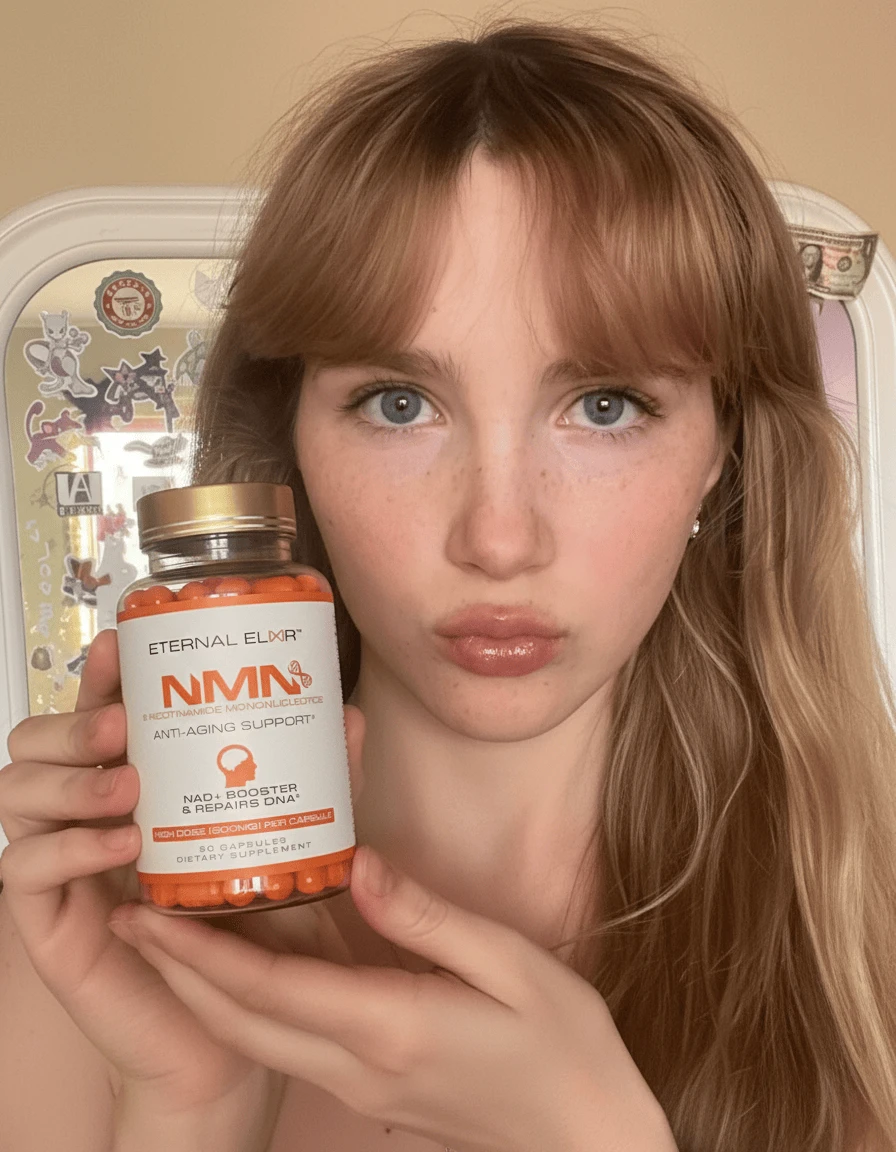 Woman holding a bottle of Eternal Elixir NMN capsules
