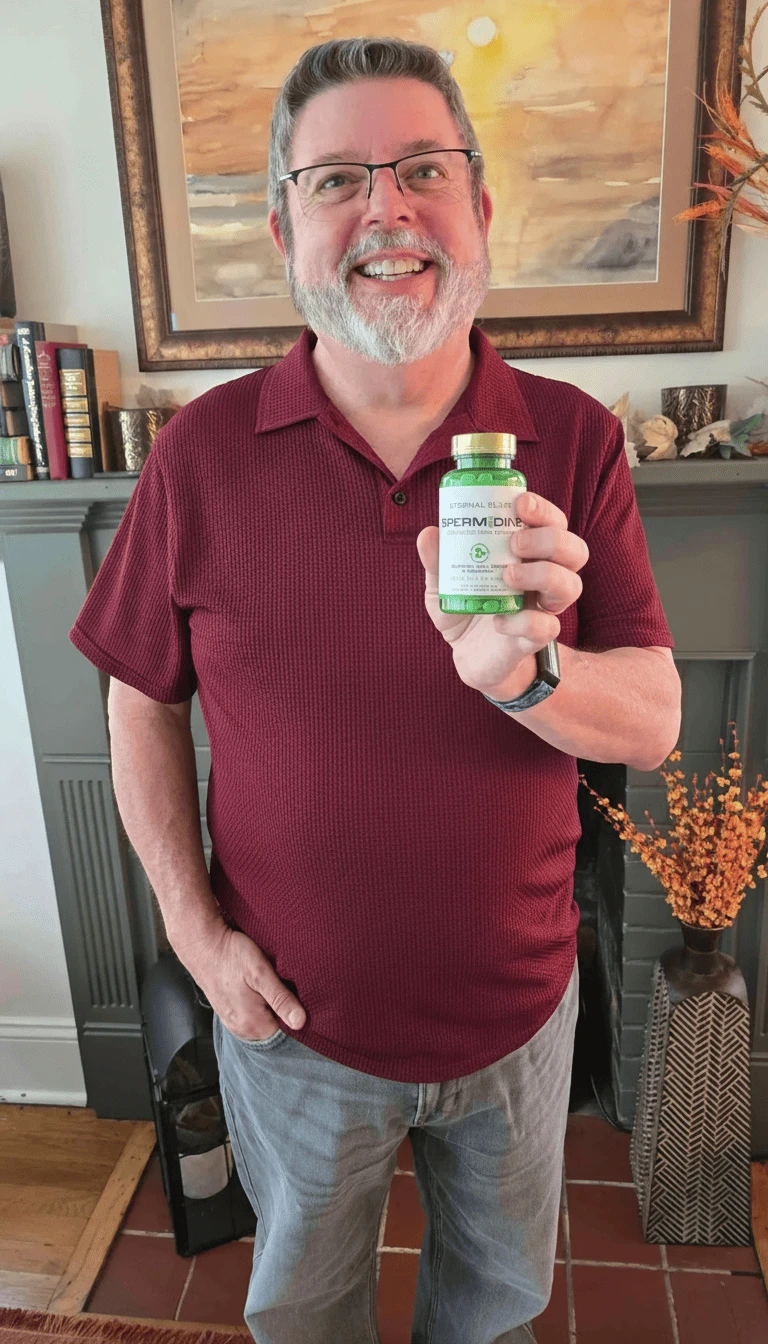 Man holding a bottle of Eternal Elixir Spermidine capsules