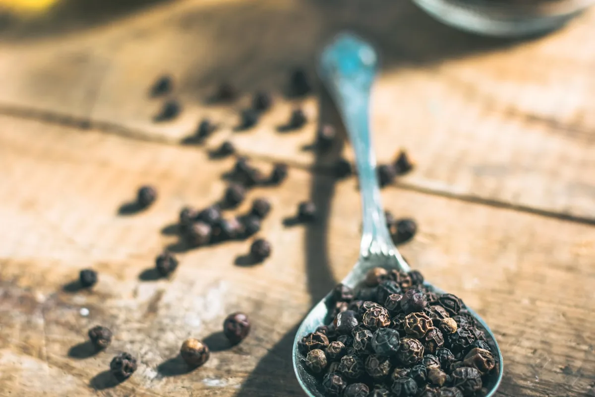 Black peppercorns in a metal spoon