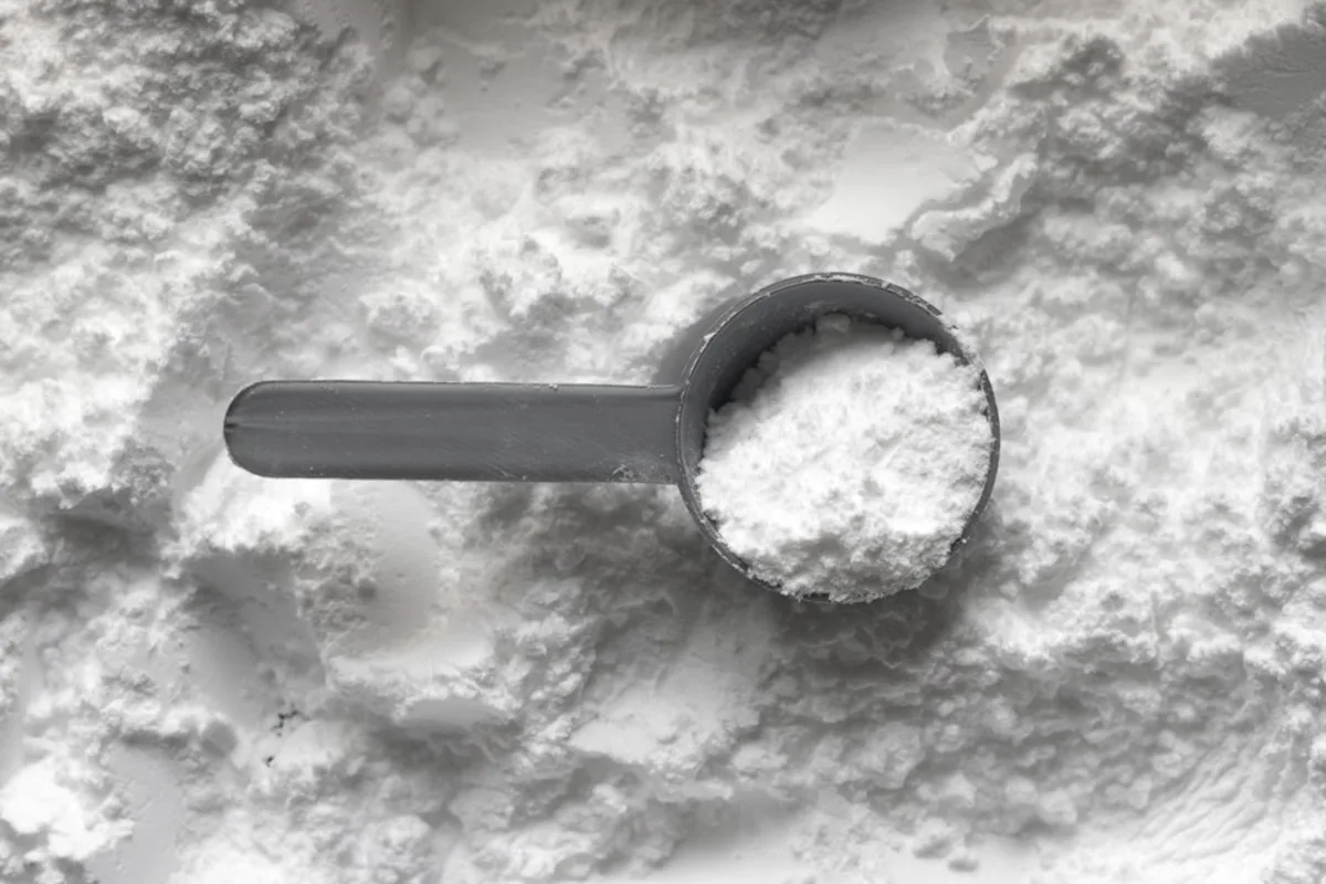 White crystalline NMN powder in a laboratory scoop