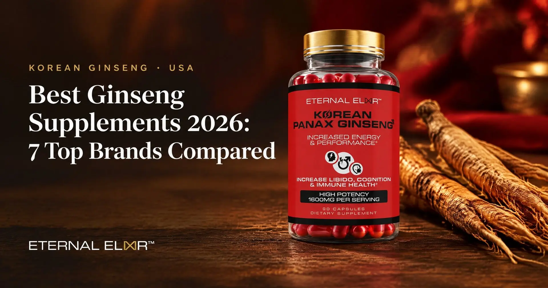 Best Ginseng Supplements 2026: 7 Top Brands Compared – Eternal Elixir Korean Panax Ginseng 1600mg bottle