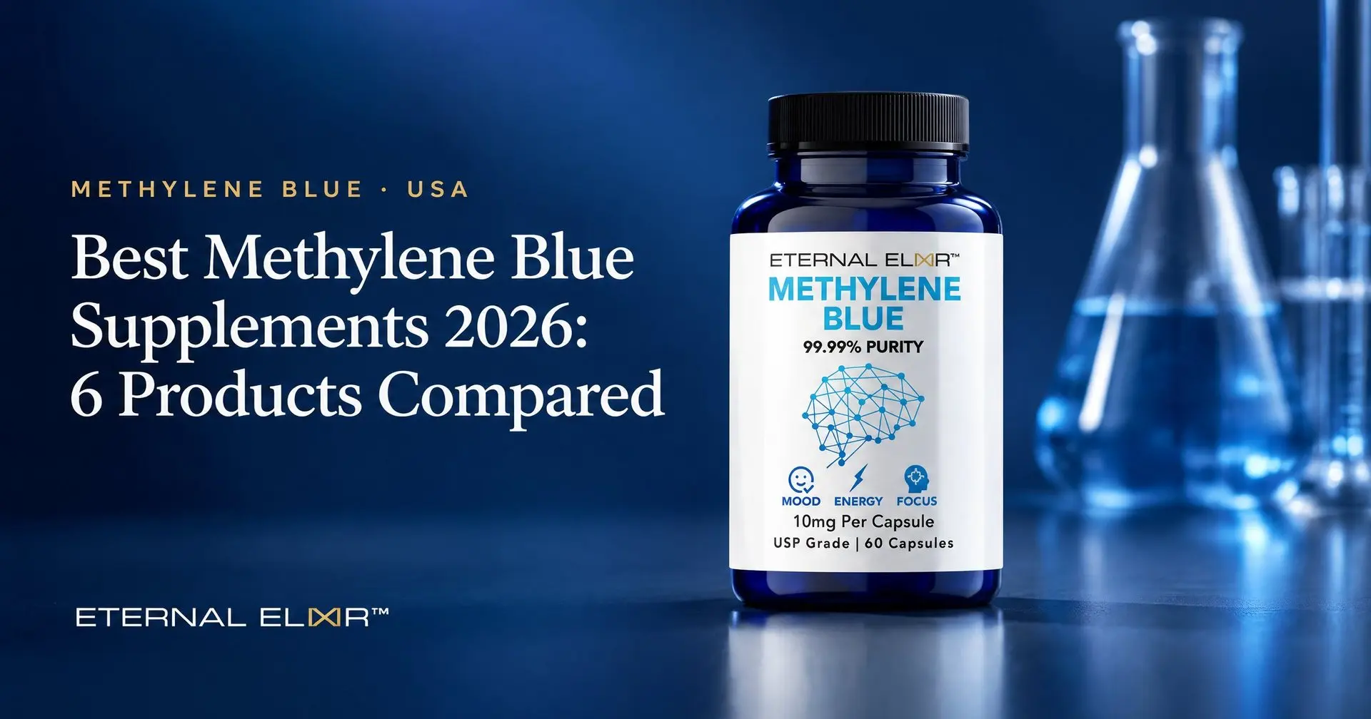 Best Methylene Blue Supplements 2026: 6 Products Compared – Eternal Elixir Methylene Blue Capsules 10mg USP bottle