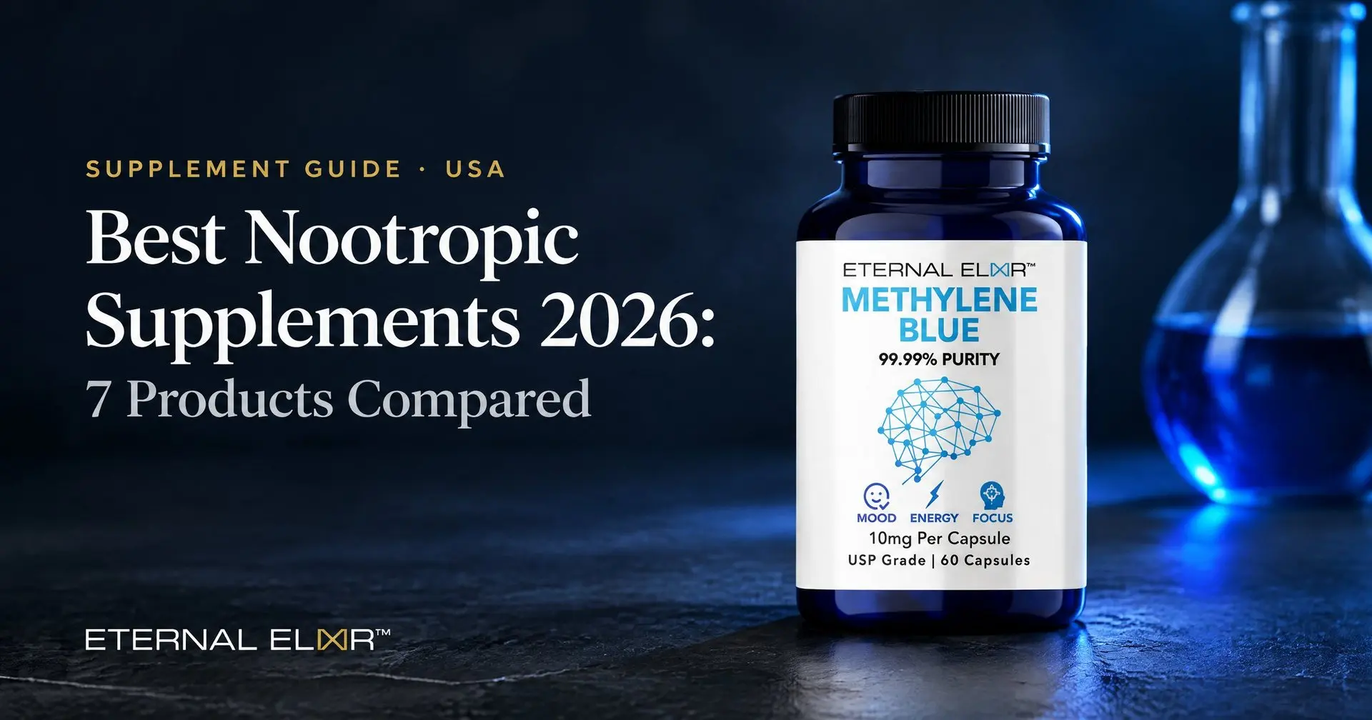 Best Nootropic Supplements 2026: 7 Products Compared – Eternal Elixir Methylene Blue Capsules 10mg USP bottle
