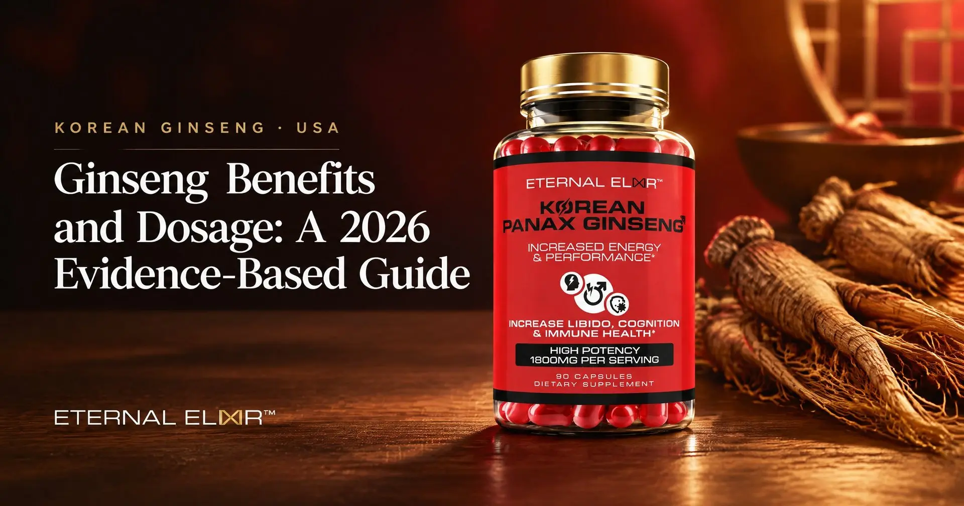 Ginseng Benefits and Dosage: A 2026 Evidence-Based Guide – Eternal Elixir Korean Panax Ginseng 1600mg bottle