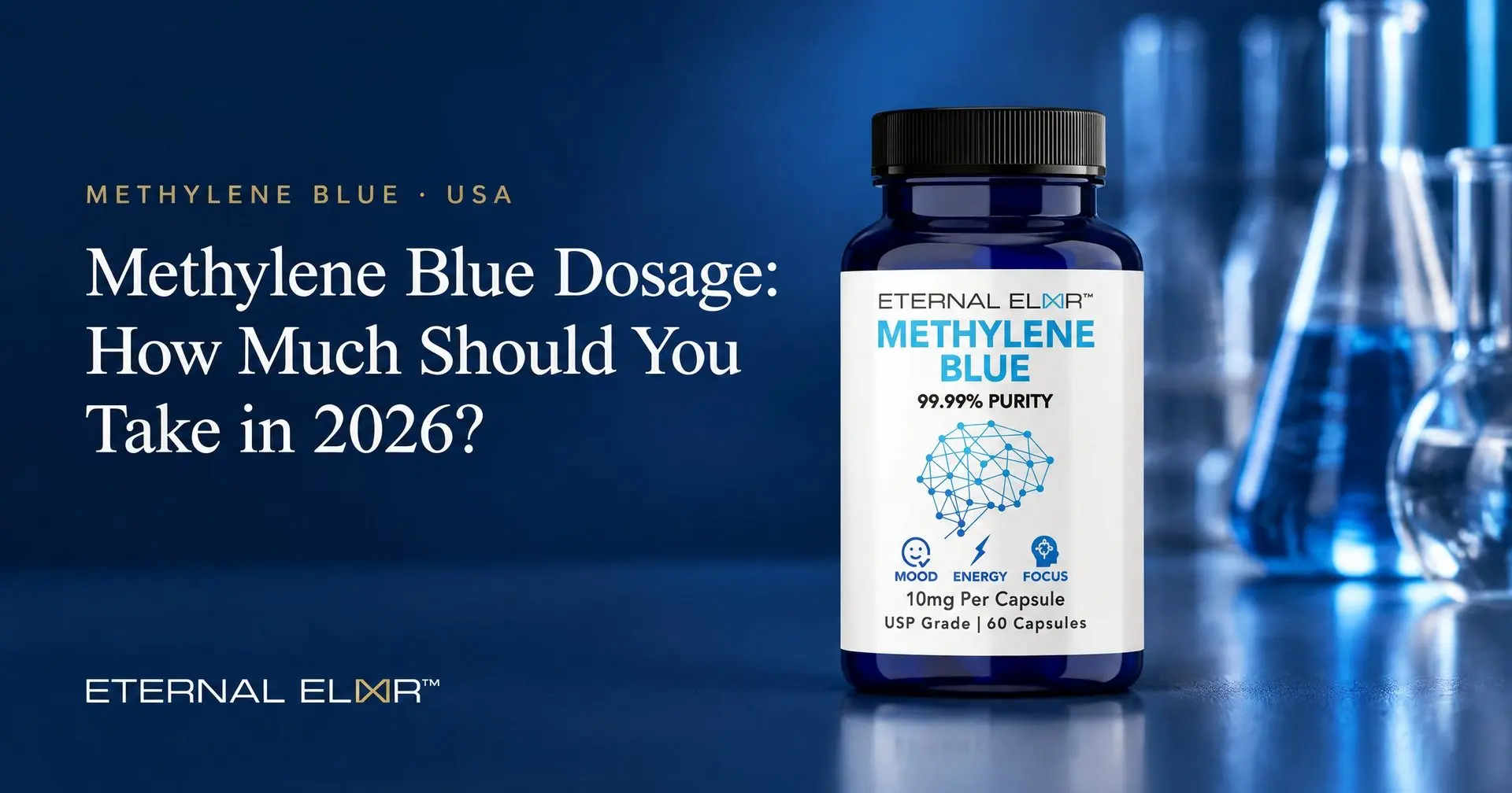 Methylene Blue Dosage: How Much Should You Take in 2026? – Eternal Elixir Methylene Blue Capsules 10mg USP bottle