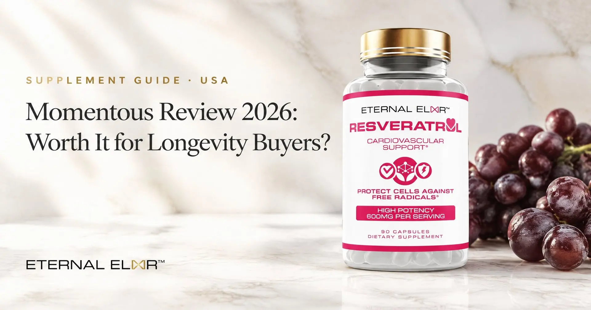 Momentous Review 2026: Worth It for Longevity Buyers? – Eternal Elixir Trans-Resveratrol 600mg bottle