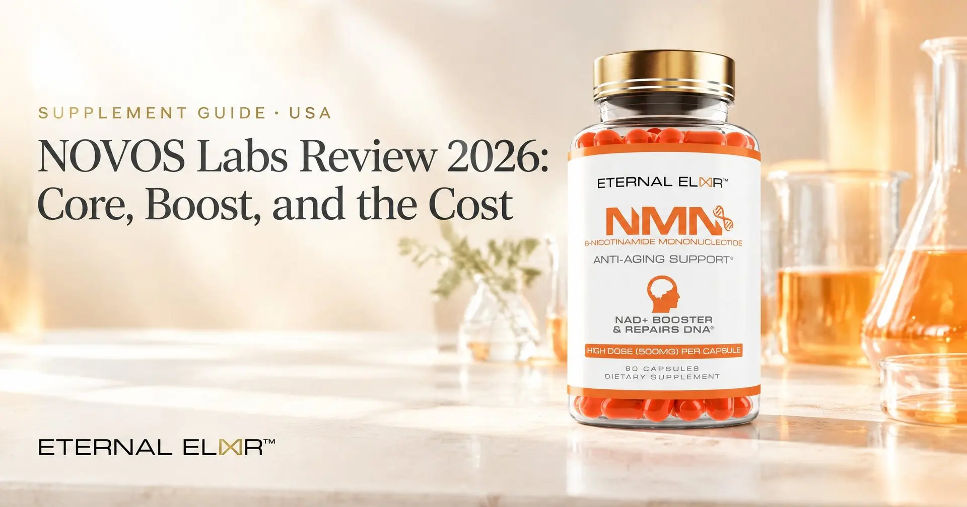 NOVOS Labs Review 2026: Core, Boost, and the Cost – Eternal Elixir NMN 500mg bottle