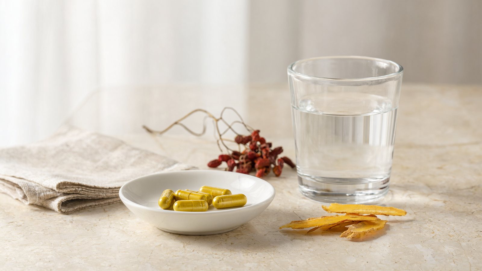 Berberine side effects: yellow berberine capsules on a white dish beside a glass of water and dried barberries