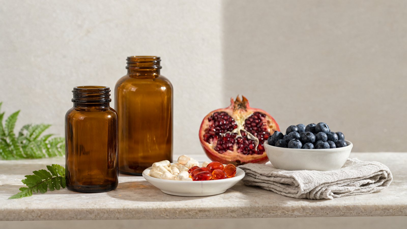 Best antioxidant supplements for skin: amber supplement bottles, capsules and astaxanthin softgels beside pomegranate and blueberries