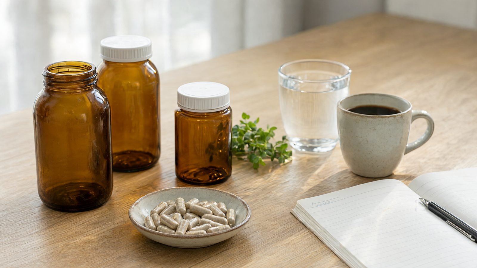Best supplements for brain fog: supplement bottles, capsules, coffee and a notebook on a desk