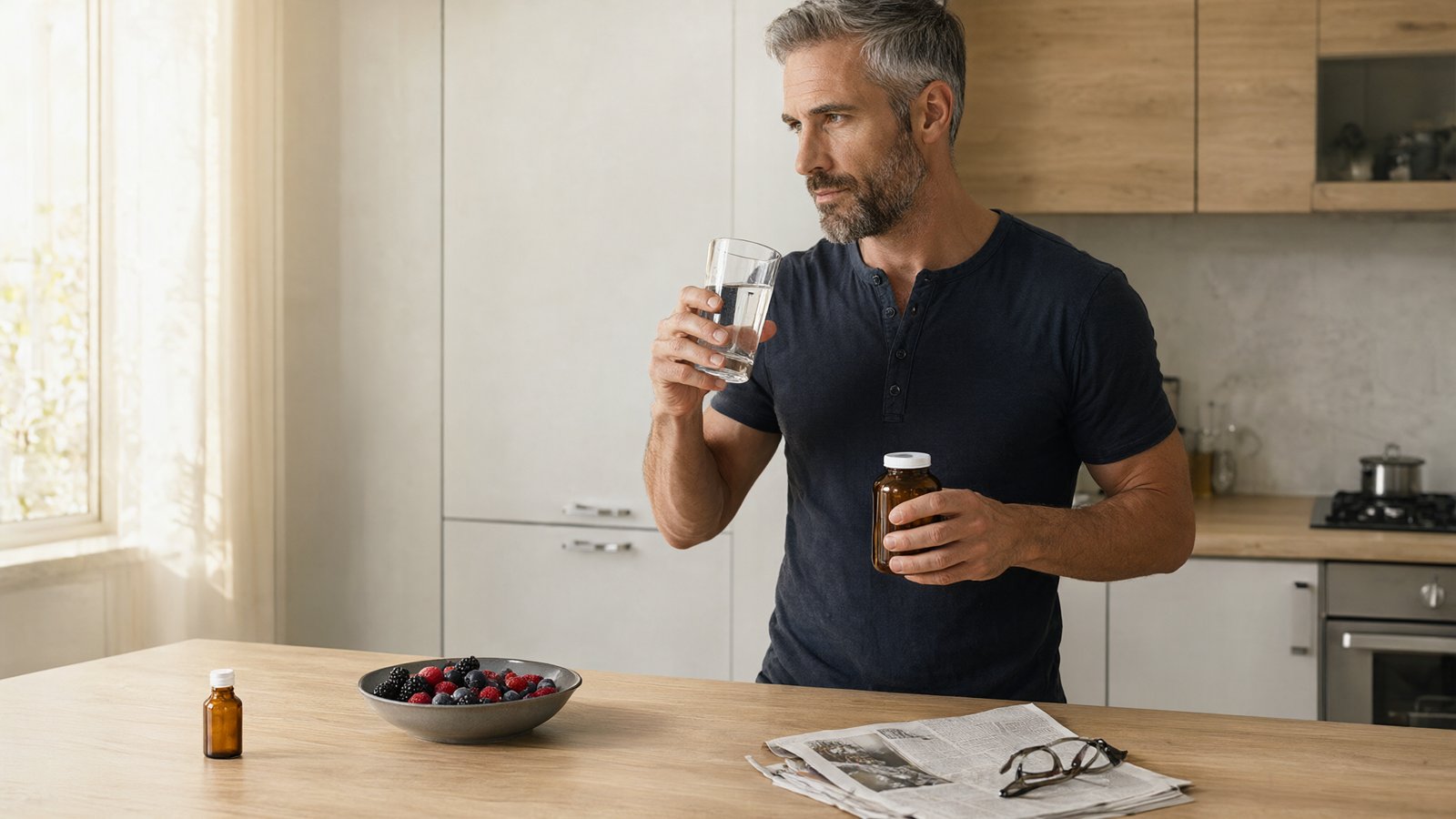 Best supplements for men over 50: a man in his fifties holding a supplement bottle in a bright kitchen