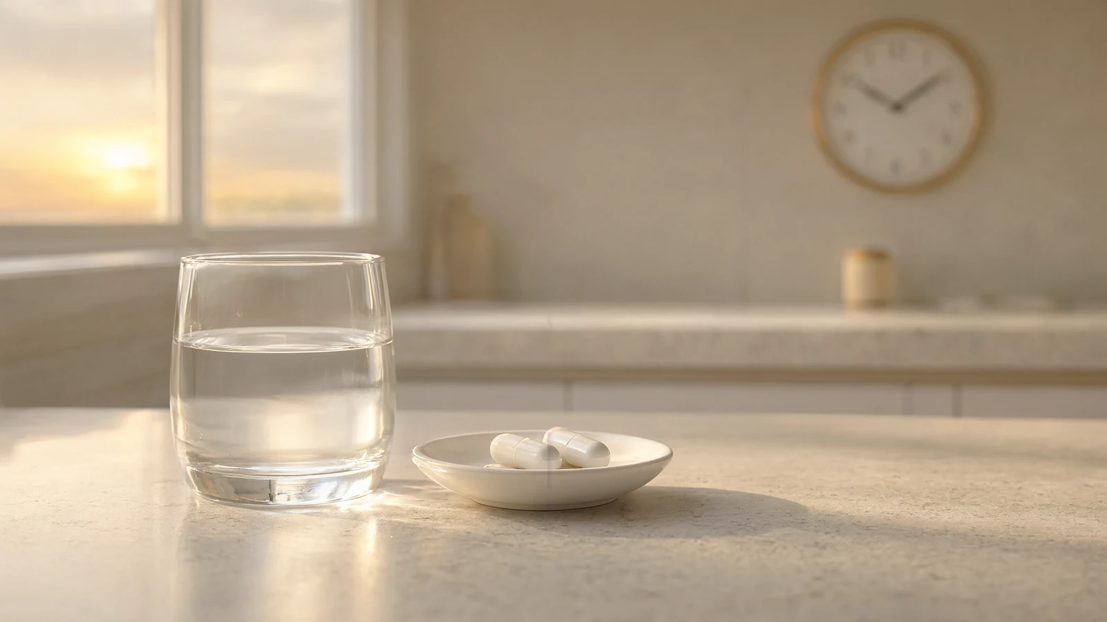 Best time to take glutathione: two capsules and a glass of water on a kitchen counter at sunrise