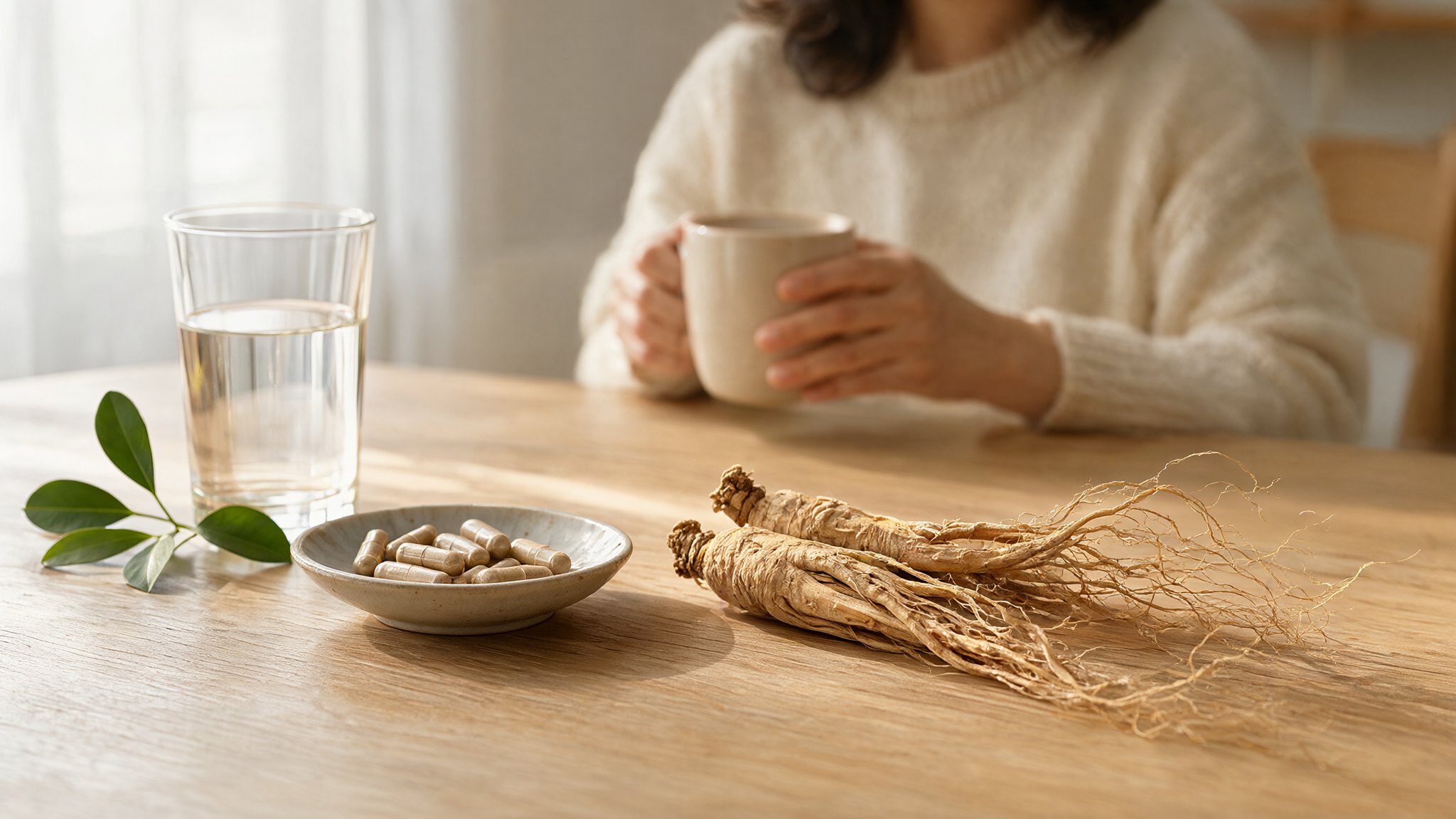 Ginseng benefits for women: dried Korean red ginseng roots and capsules on a kitchen table