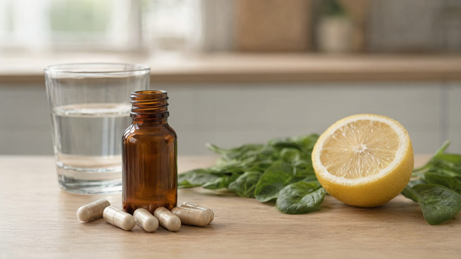 Glutathione benefits guide: reduced glutathione capsules beside a glass of water, lemon and spinach