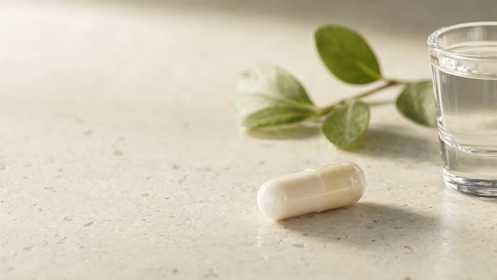 NMN 500mg dosage: one white NMN capsule beside a glass of water