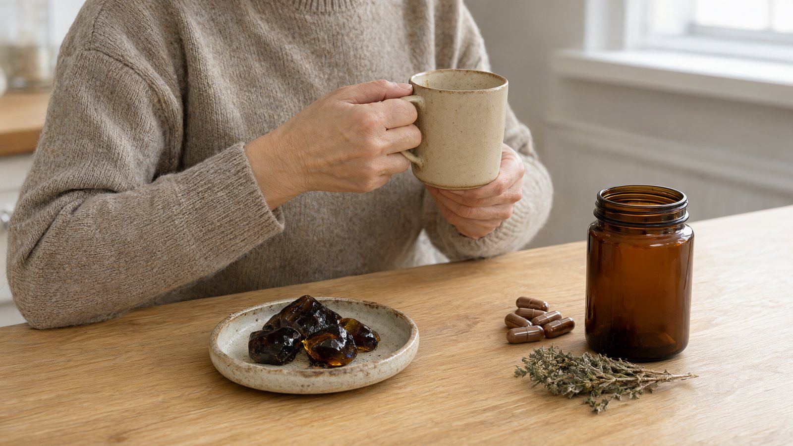 Shilajit benefits for women: a woman with a morning drink beside shilajit resin and capsules
