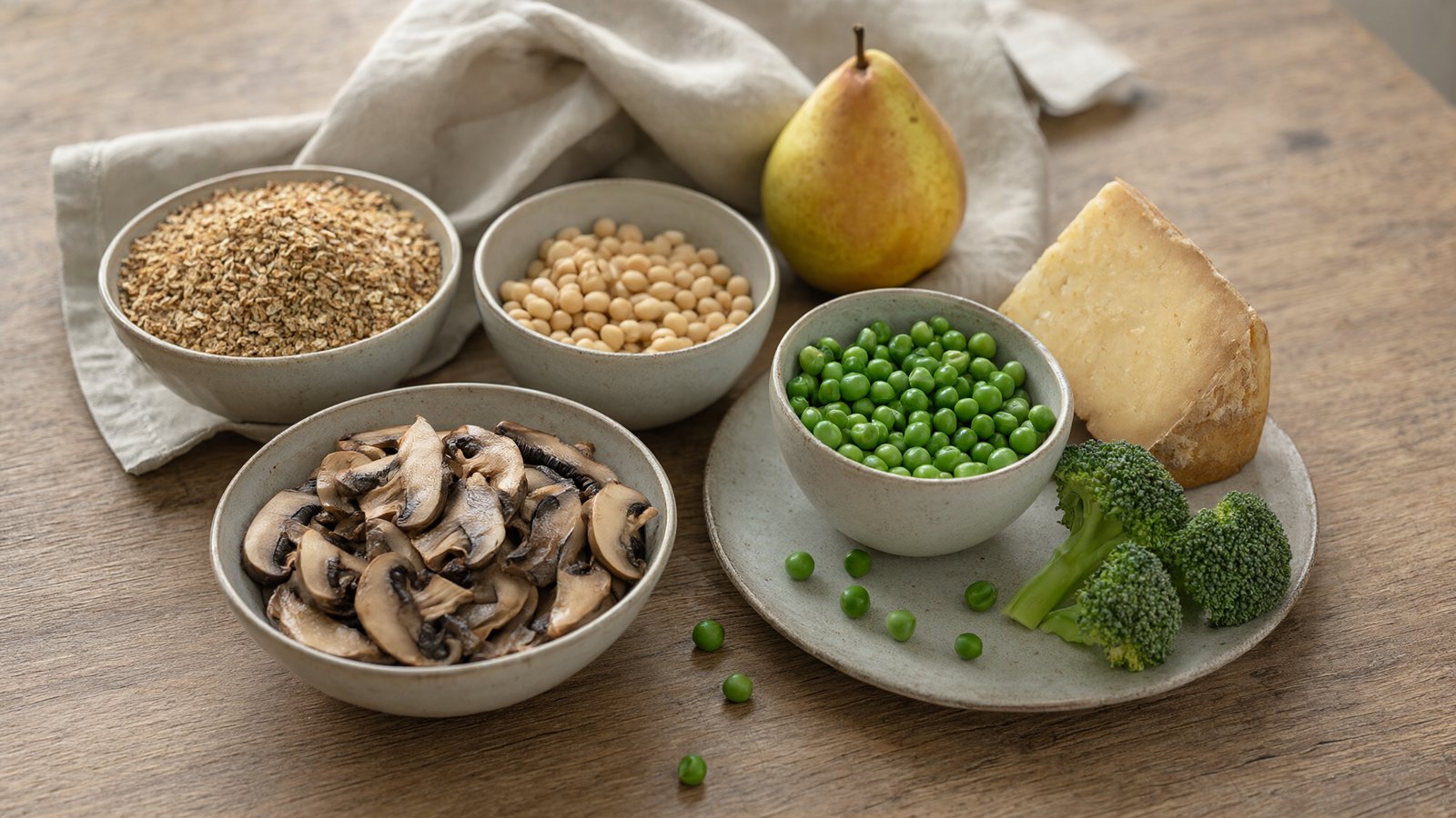 Foods high in spermidine including wheat germ, soybeans, green peas, mushrooms, broccoli and aged cheese