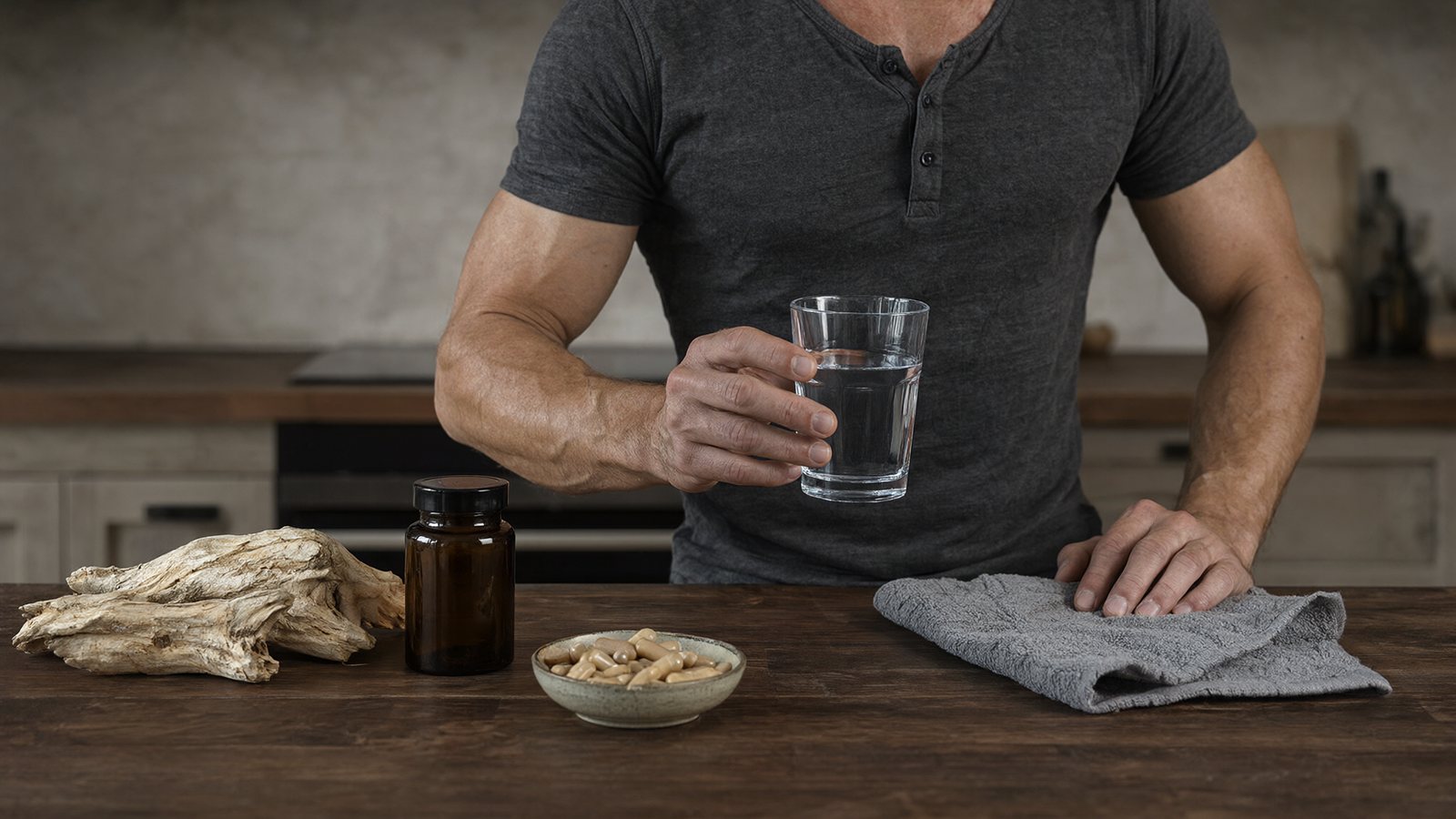 Tongkat ali benefits for men: dried tongkat ali root, capsules and a glass of water on a kitchen counter