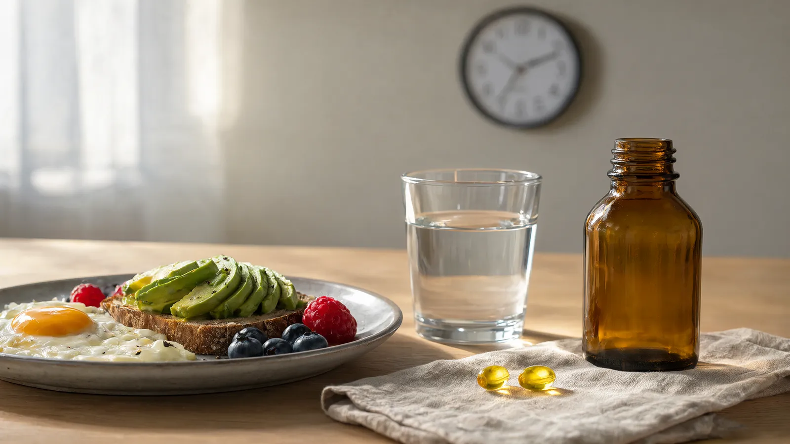 When to take berberine: breakfast plate with a glass of water and supplement capsules