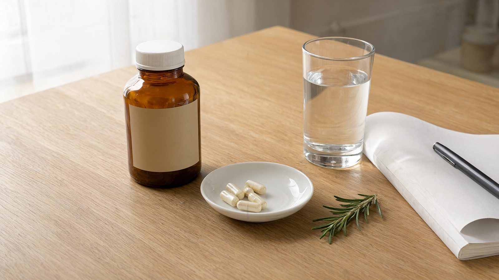Who should not take TUDCA: unlabeled supplement bottle, capsules and a glass of water on a kitchen table